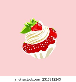 Erdbeere mit Sahne einzeln. Vektorgrafik eines leckeren süßen Desserts mit roter Erdbeere im Cartoon. Essenssymbol.