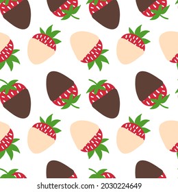 Strawberry in white and dark chocolate. Vector seamless pattern with dessert. Cute doodle strawberries isolated. Milk chocolate strawberry.