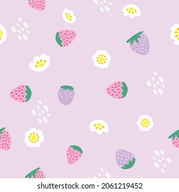diseño de dibujos animados de flores blancas de fresa. fondo morado. El tierno y sin costura patrón de una niña o bebé, Fresca y jugosa fruta de fresa colorida en verano. Diseño de vectores para la moda.