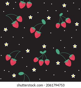strawberry white flower cartoons pattern design.black background. The seamless cute pattern in a girl or baby fashion, Fresh and juicy colorful strawberry fruit in summer. Vector design for fashion.