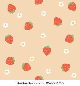 strawberry white flower cartoons pattern design. pink background. The seamless cute pattern in a girl or baby fashion, Fresh and juicy colorful strawberry fruit in summer. Vector design for fashion.