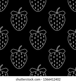 Strawberry white outline seamless pattern. Organic fresh health dessert. Vector illustration isolated on black background.