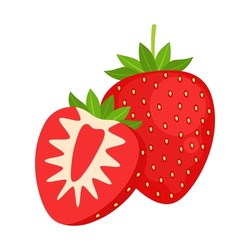 Strawberry Whole Berry And Half Isolated On White Background. Fragaria Ananassa. Red Garden Strawberry Icon For Farm Market. Vector Illustration Of Tropical Exotic Fruits In Flat Style.
