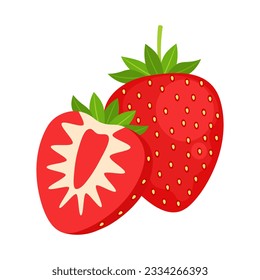 Strawberry whole berry and half isolated on white background. Fragaria ananassa. Red garden strawberry icon for farm market. Vector illustration of tropical exotic fruits in flat style.
