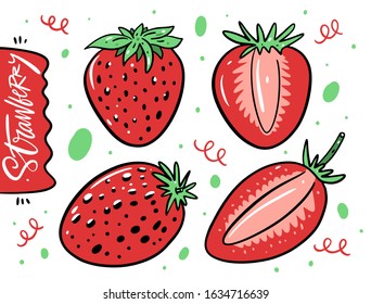 Strawberry whole and slice vector illustration art. Isolated on white background. Design for poster, banner, menu, market and web.