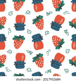 Strawberry or wild strawberry and jam seamless pattern. Berry vector background