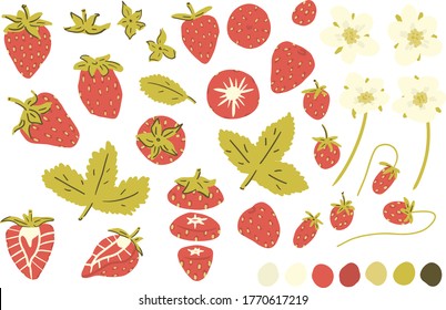 Strawberry, wild strawberry, strawberry leaf, strawberry flower, leaf cap vector clipart set hand drawn childish flat style isolated on white background.
