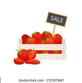 Strawberry in a wooden box with a sign for the price. Selling organic farm-grown organic vegetables. Vector illustration on the theme of harvest, festivals and fairs.