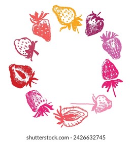 Guirnalda de fresa con dibujos de bayas para etiqueta de jugo, diseño de envases de cosméticos, plantilla de banner de alimentos saludables. Ilustración de guirnalda de fresas vectorial dibujado a mano. Chalet de baya roja.