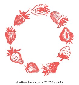 Strawberry wreath with berries drawings for juice label, cosmetics packaging design, healthy food banner template. Hand-drawn vector strawberries garland illustration. Red berry chaplet.