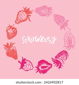 Guirnalda de fresa con dibujos de bayas para etiqueta de jugo, diseño de envases de cosméticos, plantilla de banner de alimentos saludables. Ilustración de guirnalda de fresas vectorial dibujado a mano. Chalet de baya roja. Marco redondo.