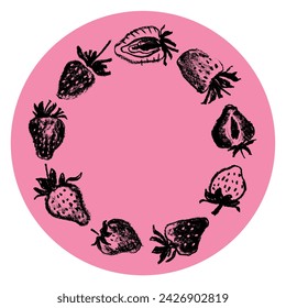 Guirnalda de fresa con dibujos de bayas para etiqueta de jugo, diseño de envases de cosméticos, plantilla de banner de alimentos saludables. Ilustración de guirnalda de fresas vectorial dibujado a mano. Chalet de baya roja. Marco redondo.