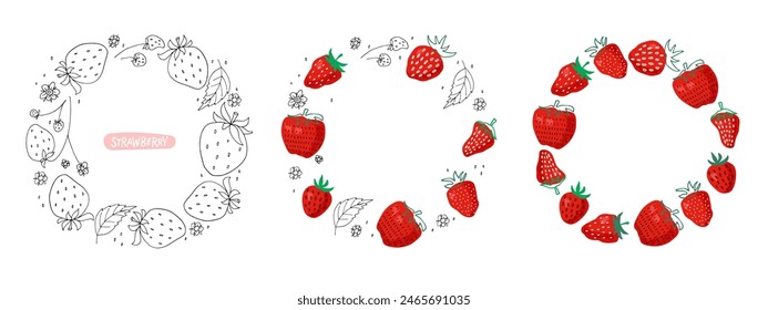 Strawberry wreath. Set of three frames. Strawberry packaging background with doodle Red Berry, leaf and flowers. Vectors for menu, cafe, recipe. Packaging for yogurt, jam, fruit cosmetics, perfumery