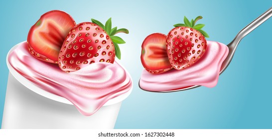 Strawberry yoghurt on solid color background, Vector realistic in 3d illustration.