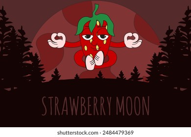 Strawberry yogi character in meditation. Have a balance concept. Phenomenon of Strawberry full Moon. Minimalism vector illustration can used web and social media banner, post