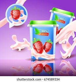 Strawberry yogurt. 3d realistic vector illustration
