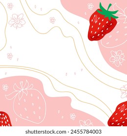 Strawberry yogurt. Abstract background with red strawberry and pink waves. Fresh farm fruits for packaging. Vector for menu, cafe, restaurant, recipe design. Food concept. Fresh Red Strawberry fruit