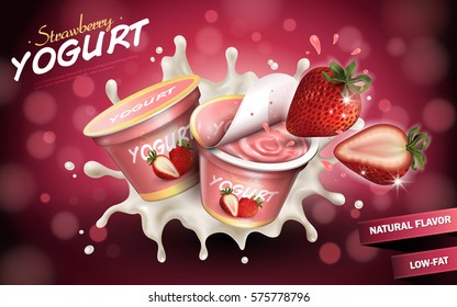 Strawberry yogurt ads, appetizing fruit yogurt with cream texture and strawberry splashing in the air, 3d illustration isolated on bokeh background