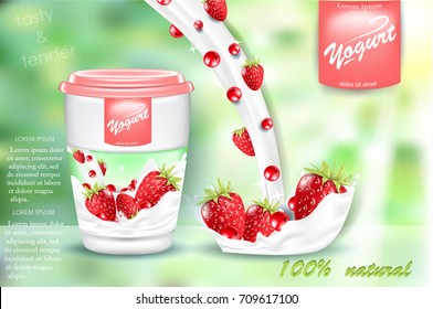 Strawberry yogurt ads, appetizing open yogurt with yogurt splash and berries  floating in the air, 3d vector illustration isolated on green background.