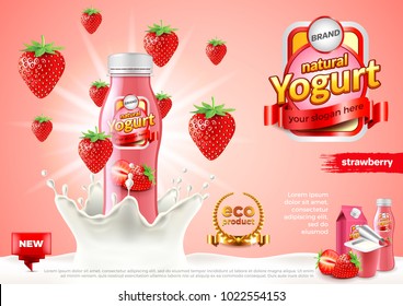 Strawberry Yogurt Ads. Bottle In Milk Splash. 3d Illustration And Packaging