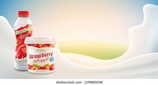 Strawberry yogurt ads with branded jar and bottle on bright background with milk splash commercial product mock-up vector realistic illustration