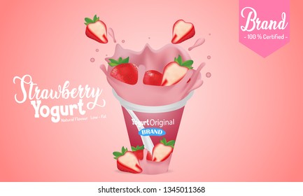 Strawberry yogurt ads, with milk splashing and strawberry elements in 3d illustration, 3d illustration