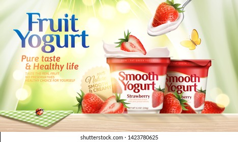 Strawberry yogurt ads on bokeh glittering nature background in 3d illustration