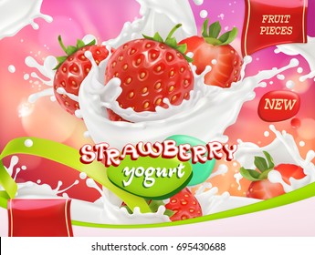 Strawberry yogurt. Fruits and milk splashes. 3d realistic vector package design