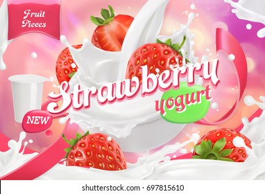 Strawberry yogurt. Fruits and milk splashes. 3d realistic vector, package design