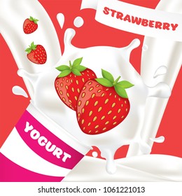 Strawberry yogurt milk cream splash advertising template vector and illustration