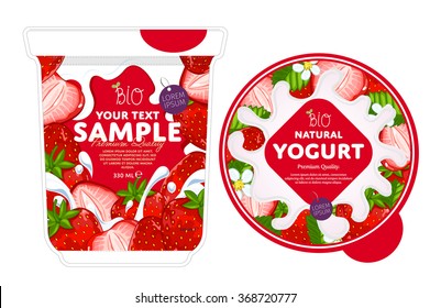 Strawberry yogurt pack. Red ripped berry in milky splashing vector container and lid design illustration. Advertising product label. Brand promotion. Strawberry yogurt wrap isolated on white backgroun