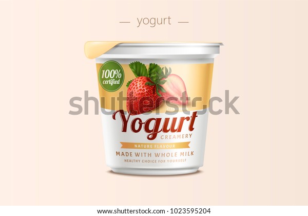 Strawberry yogurt package design, food\
container in 3d\
illustration