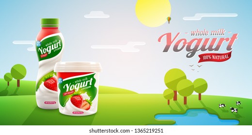 Strawberry yogurt packaging design on shiny outdoor background with trees and cows, flat techique vector illustration for milk or yogurt product branding or advertising design