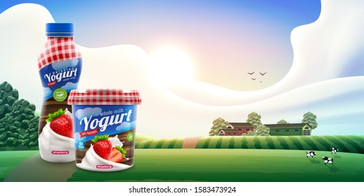 Strawberry Yogurt packaging design on rural outdoor background with trees and cows. Beverage vector illustration of yogurt bottle and pot placed together. Product branding or advertising design ready.