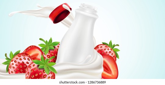 Strawberry yogurt and packaging with splashing in the middle isolated on solid color background, Vector realistic in 3d illustration. Food concept.