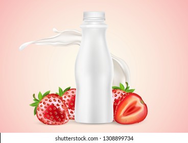 Strawberry yogurt and packaging with splashing in the middle isolated on solid color background, Vector realistic in 3d illustration. Food concept.