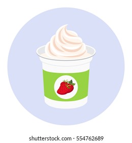 Strawberry yogurt in plastic cup. Milk cream product in flat vector style.