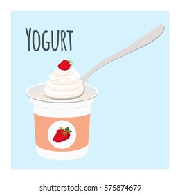 Strawberry yogurt in plastic cup. Milk cream product in flat  style.