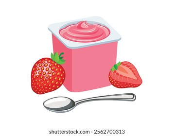 Strawberry yogurt in a plastic cup and spoon vector illustration. Strawberry yogurt plastic cup icon vector isolated on a white background. Fruit yoghurt and fresh strawberries drawing