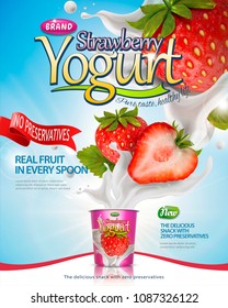 Strawberry yogurt poster with splashing fillings and fruit on blue lighting background in 3d illustration