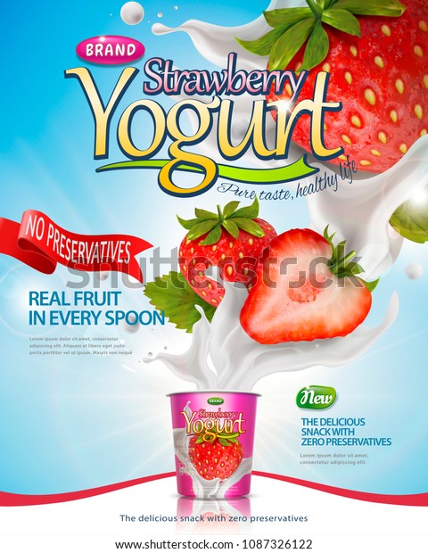 Download Strawberry Yogurt Poster Splashing Fillings Fruit Stock Vector Royalty Free 1087326122 PSD Mockup Templates