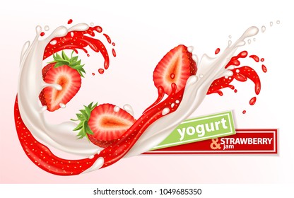 Strawberry and yogurt. Splashes of milk and Strawberry jam are intertwined. Realistic vector, package design.