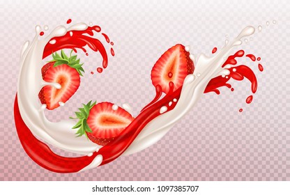 Strawberry and yogurt. Splashes of milk and Strawberry jam are intertwined  on transparent background. Realistic vector, package design.