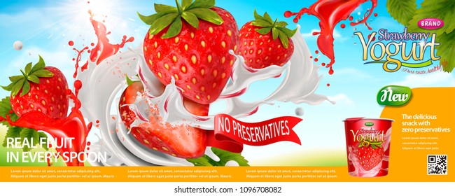 Strawberry yogurt with splashing cream and fruit flying in the air in 3d illustration