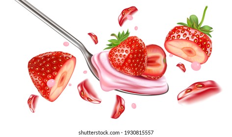 Strawberry yogurt splashing isolated on white with strawberries slice of pieces element in the middle on solid color background. Realistic vector in 3D illustration.