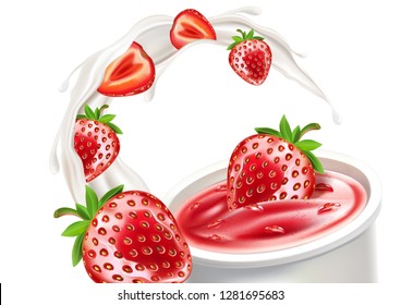 Strawberry yogurt with splashing in the middle isolated on solid color background, Vector realistic in 3d illustration. Food concept.