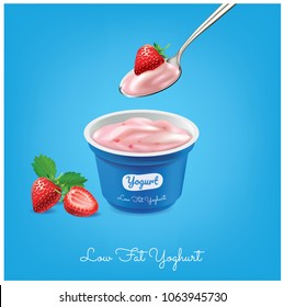 strawberry yogurt a spoon of creamy yogurt and fruit.illustration vector