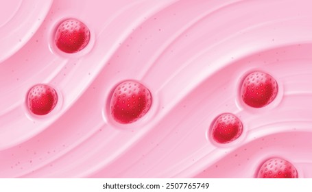 Strawberry yogurt surface top view. Vector realistic illustration of sweet dairy product, pink creamy substance with pieces of berry, milky dessert, face scrub texture, food advertising banner