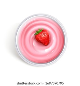 Strawberry Yogurt Top View On White Background.