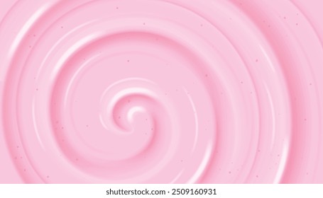 Vista superior de yogur de fresa. Onda ondulada de leche rosa. Remolino cremoso líquido 3D. Abstractas superficie de remolino en espiral de salsa de frutas. Producto de jabón cosmético. Flujo de vórtice de postre de pudín lácteo. Vector de gel batido